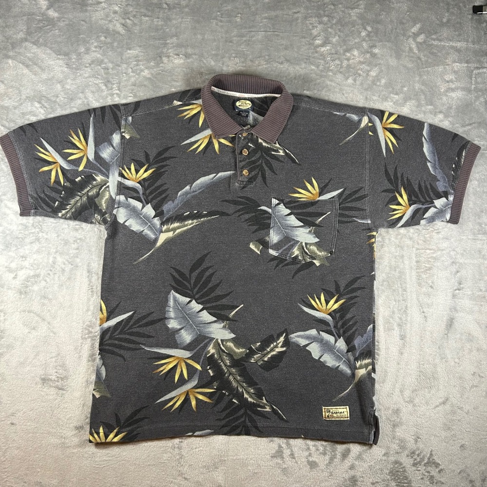 Tommy Bahama Mens Large Gray Bird of Paradise Floral Cotton Polo Shirt Tropical